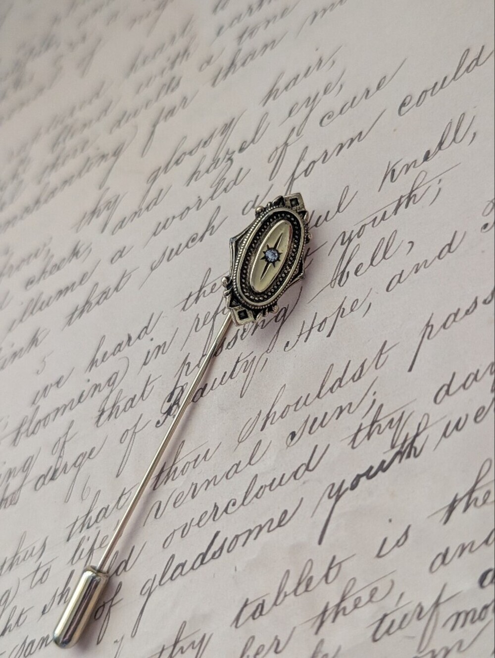 Avon Silver Tone Decorative Stick Pin with Cream and Blue Accent